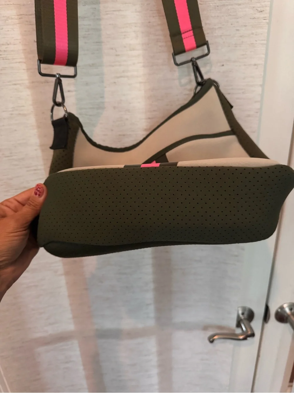 Haute Shore Greyson Neoprene Crossbody Bag Olive Pink Stripe